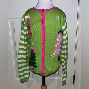 Hartstrings Green and Pink Holiday Cardigan Ugly Christmas Sweater Sz 7/8